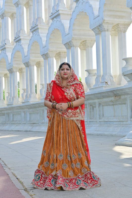 Red & Mustard Embroidered Rajasthani Lehenga Choli Set