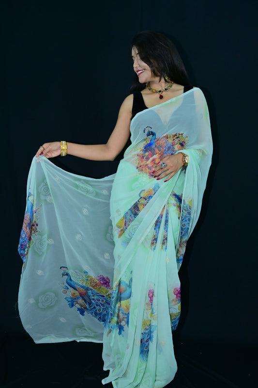 Peacock Print Mint Green Saree with Floral Motifs