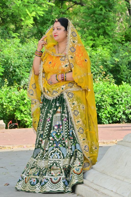 Peacock & Elephant Embroidered Green Lehenga with Yellow Gota Dupatta