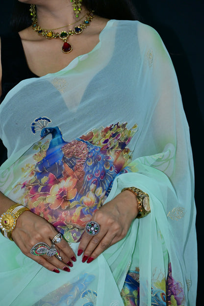Peacock Print Mint Green Saree with Floral Motifs