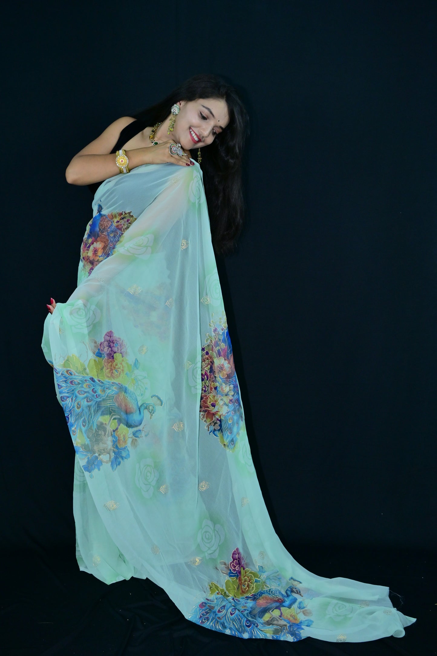 Peacock Print Mint Green Saree with Floral Motifs