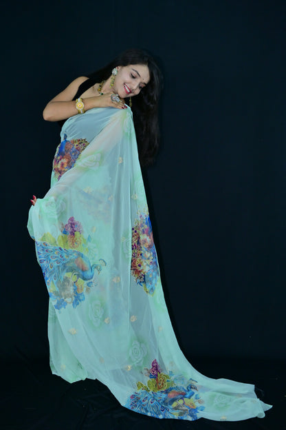 Peacock Print Mint Green Saree with Floral Motifs