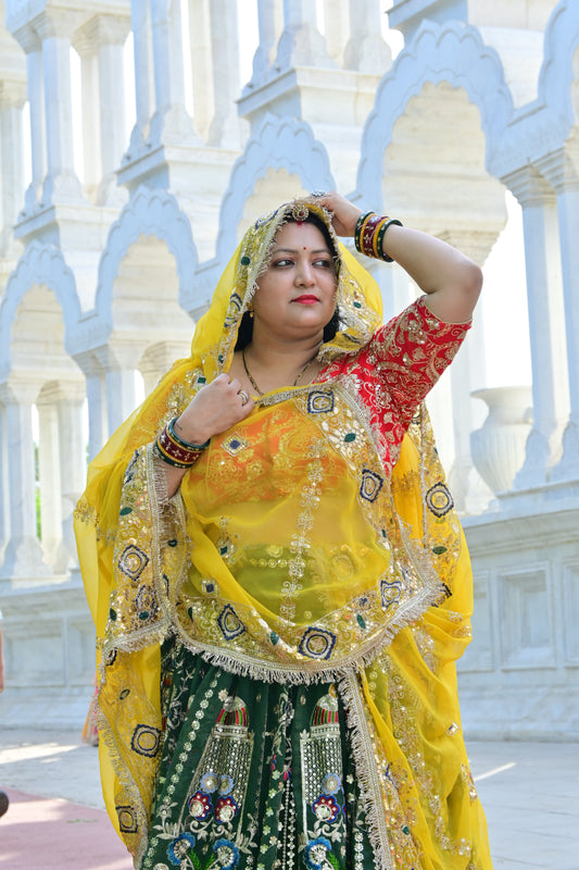 Peacock & Elephant Embroidered Green Lehenga with Yellow Gota Dupatta