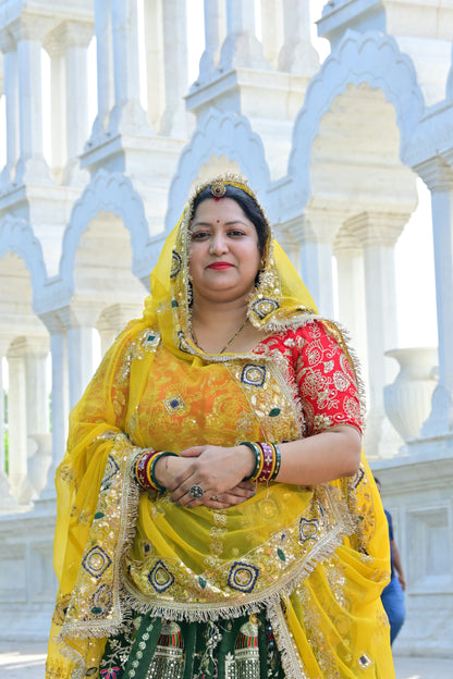 Peacock & Elephant Embroidered Green Lehenga with Yellow Gota Dupatta
