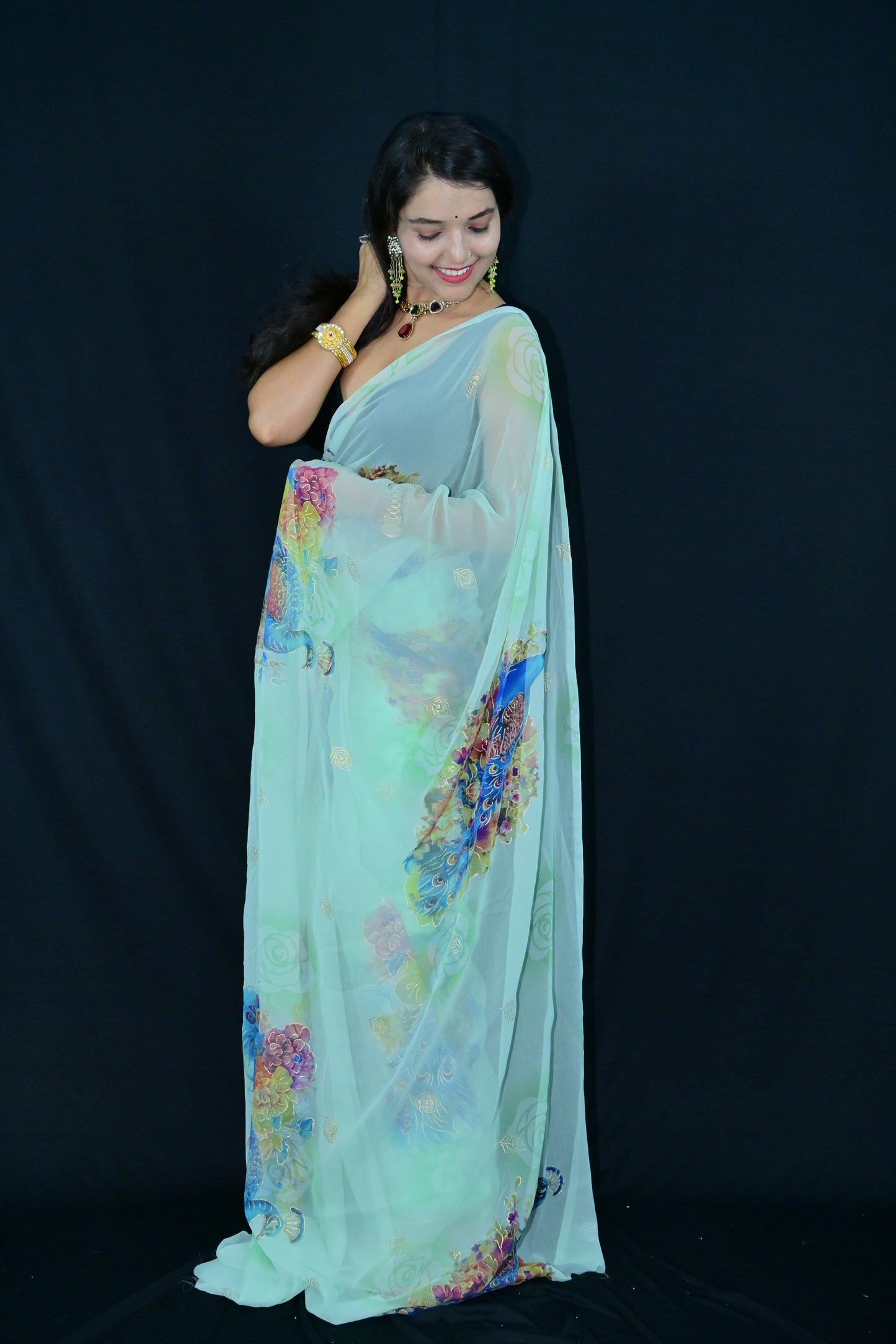 Peacock Print Mint Green Saree with Floral Motifs