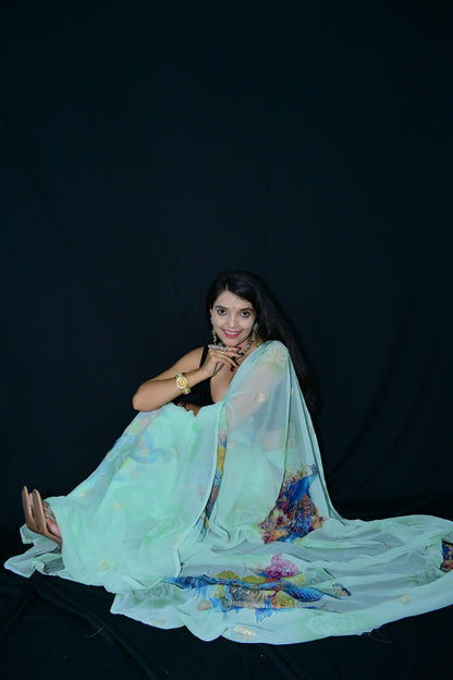 Peacock Print Mint Green Saree with Floral Motifs