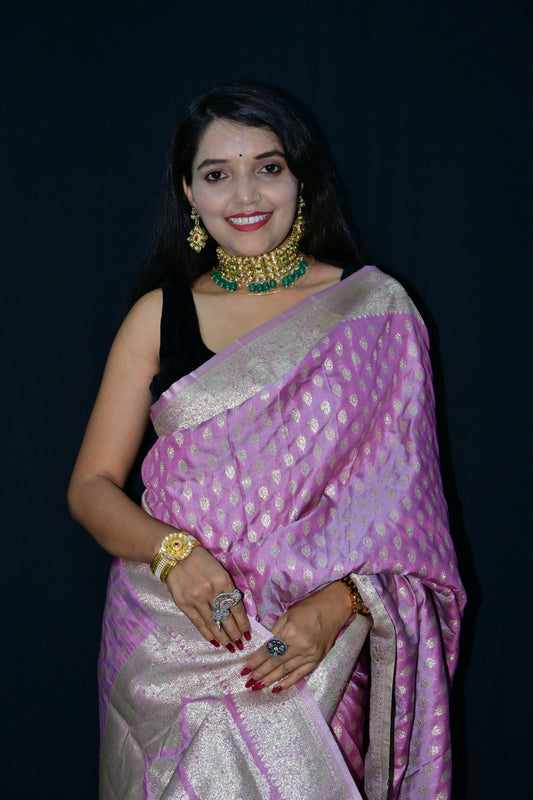 Pink Banarasi Silk Saree with Golden Zari Weaving