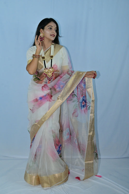 White Floral Saree with Golden Zari Border – Jaipur Style