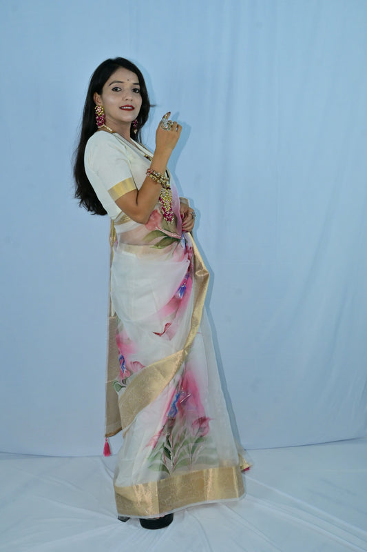 White Floral Saree with Golden Zari Border – Jaipur Style