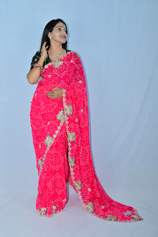 Rajasthani Bandhani Saree in Bright Pink with Gota Patti