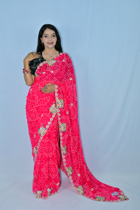 Rajasthani Bandhani Saree in Bright Pink with Gota Patti