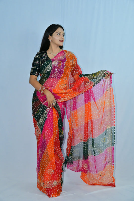 Multicolor Bandhej Saree with Traditional Print