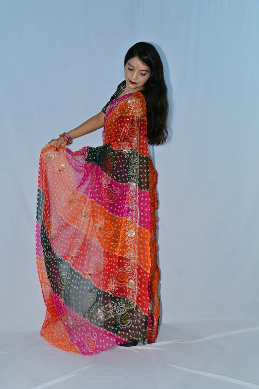 Multicolor Bandhej Saree with Traditional Print