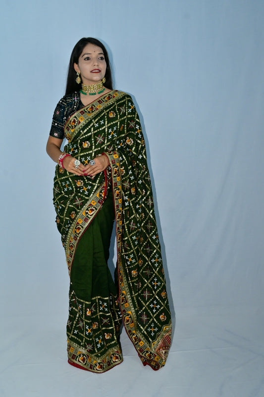 Green Traditional Rajasthani Embroidered Saree
