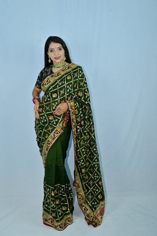 Green Traditional Rajasthani Embroidered Saree