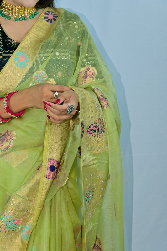 Designer Green Rajasthani Saree with Golden Floral Weave
