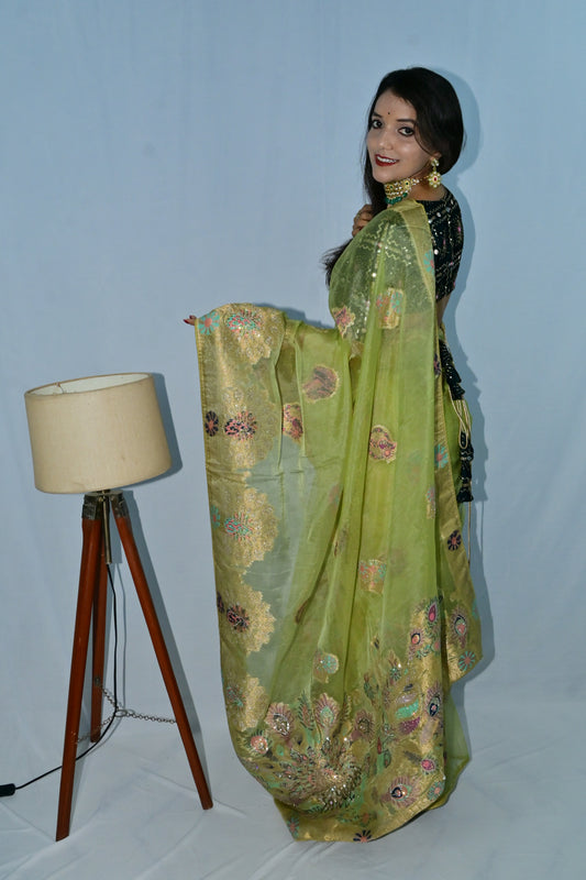 Designer Green Rajasthani Saree with Golden Floral Weave