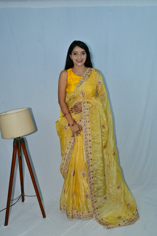 Elegant Yellow Rajasthani Saree with Mirror Embroidery