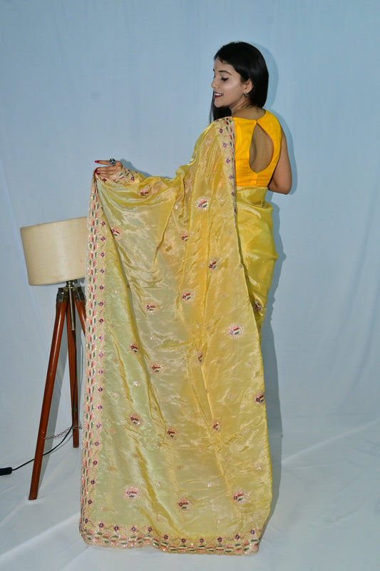 Elegant Yellow Rajasthani Saree with Mirror Embroidery