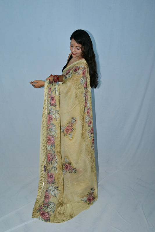 Beige Floral Printed Saree with Elegant Border Work