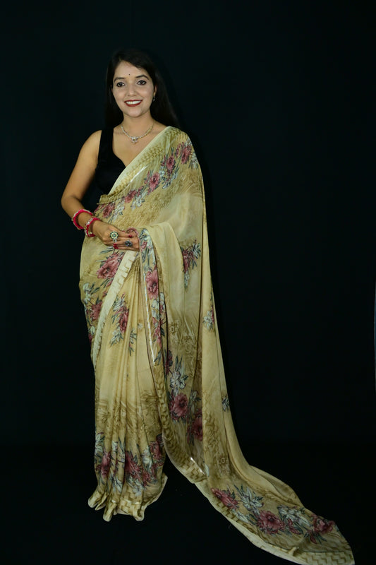 Beige Floral Printed Saree with Elegant Border Work