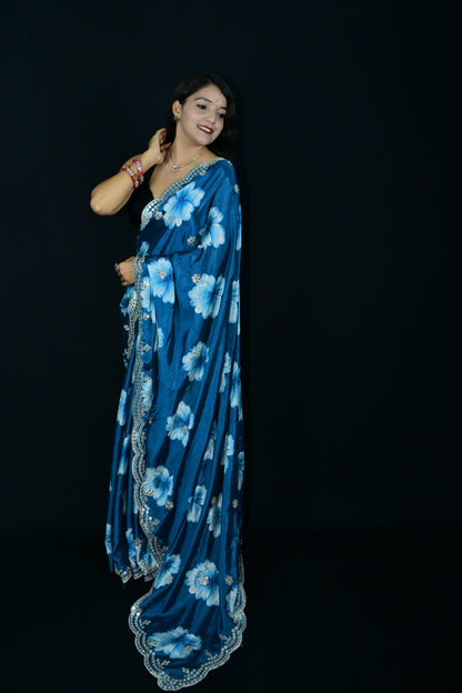 Blue Floral Saree with Mirror Sequin Border
