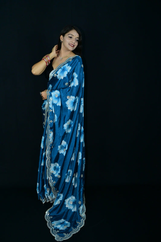 Blue Floral Saree with Mirror Sequin Border
