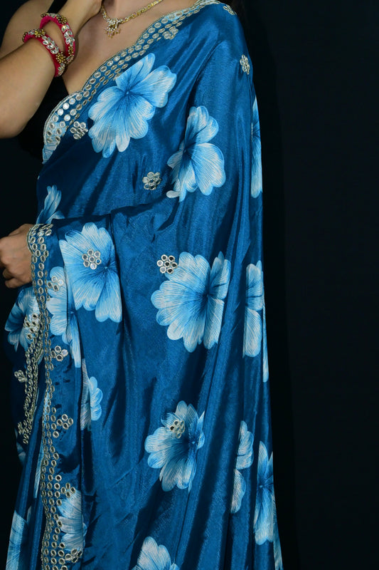 Blue Floral Saree with Mirror Sequin Border