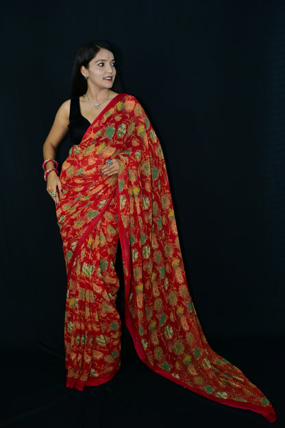 Red Banarasi Style Saree with Gold Leaf Weaving