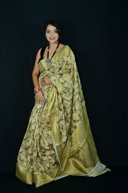 Beige Floral Printed Saree with Elegant Border Work