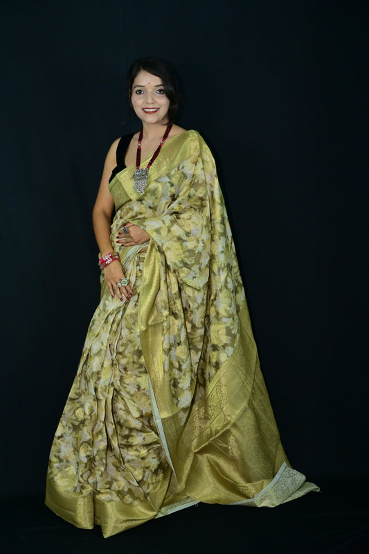Beige Floral Printed Saree with Elegant Border Work