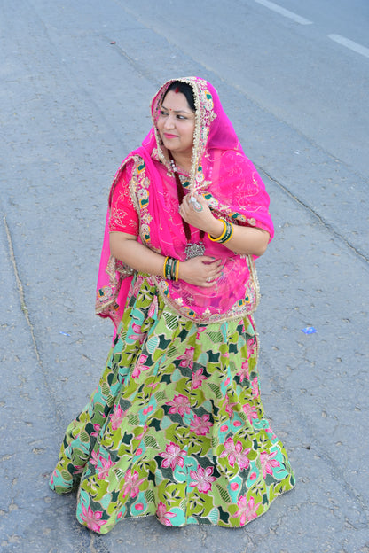 Green Floral Lehenga with Pink Embroidered Odhani