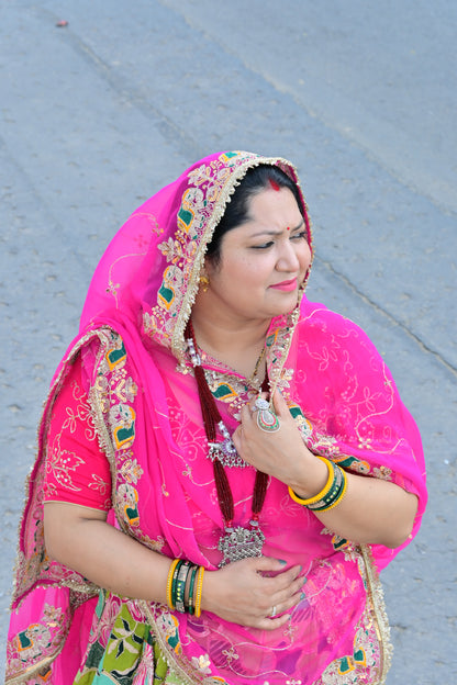 Green Floral Lehenga with Pink Embroidered Odhani