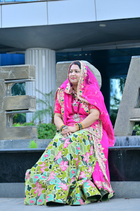 Green Floral Lehenga with Pink Embroidered Odhani