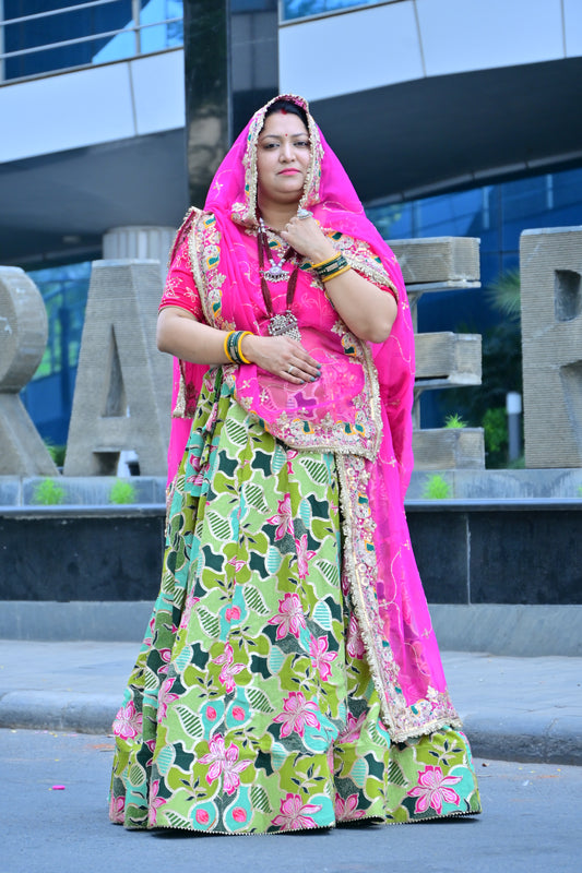 Green Floral Lehenga with Pink Embroidered Odhani