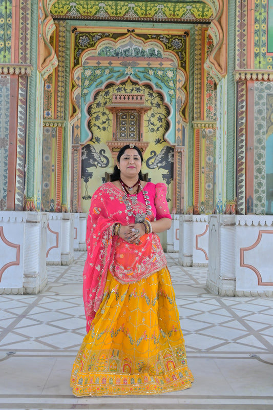 Yellow Lehenga with Pink Odhani & Mirror Embroidery