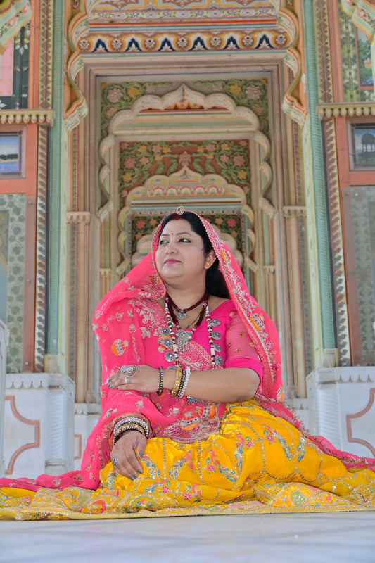 Yellow Lehenga with Pink Odhani & Mirror Embroidery